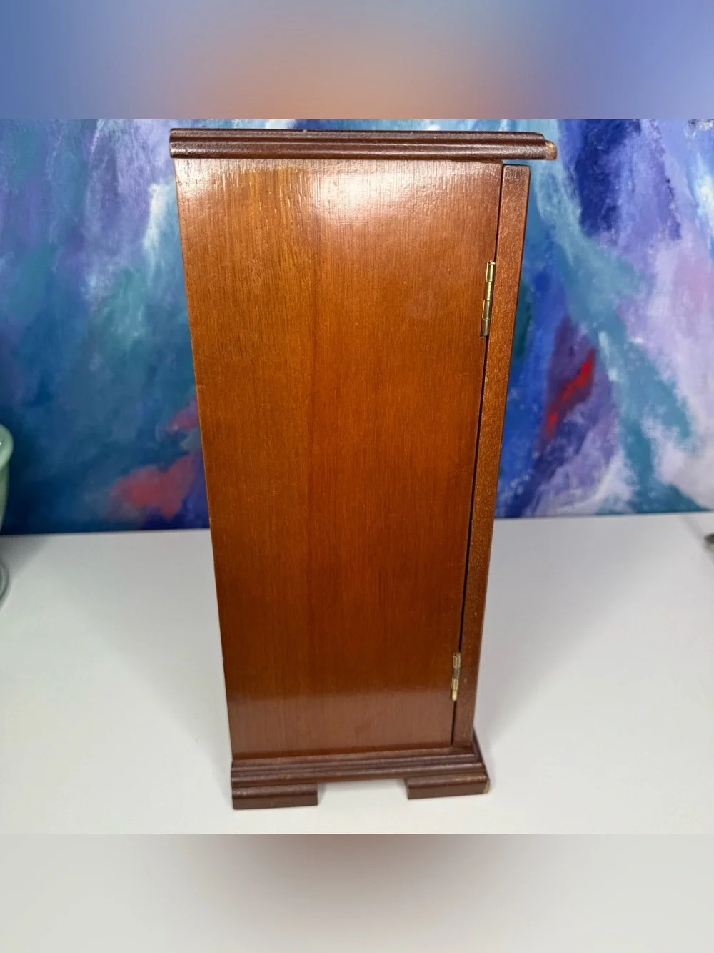 Vintage Wooden Jewelry Box Etched Floral Glass 1980s Armoire Chest Mirror Drawer